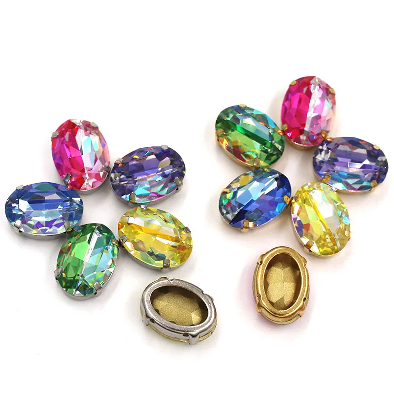 High Quality Glass Crystal Stones Oval Shape Golden Claw Setting Laser Rhinestones Sew On Shoes/Bags/Clothing Accessories