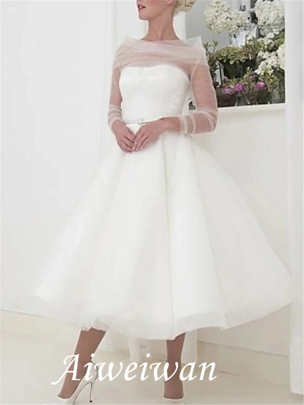 Linha a vestidos de casamento bateau pescoço chá comprimento tule manga longa vintage pouco vestido branco 1950s com 2021