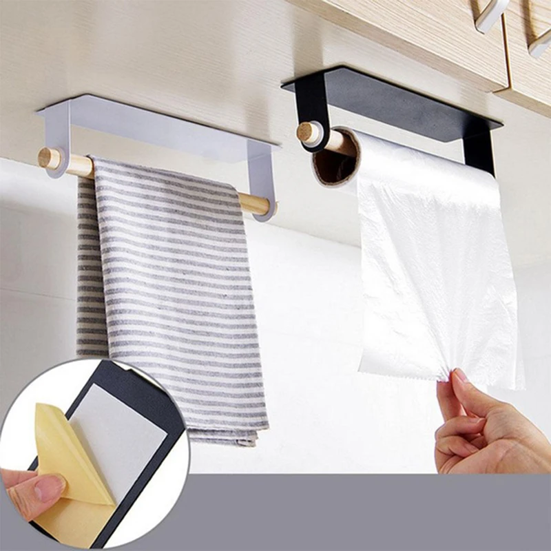 Bathroom Wooden Towel Hanger Rack Kitchen Cling Film Rag Paper Holder Bar Cabinet Rag Hanging Holder Shelf Toilet Paper Holder