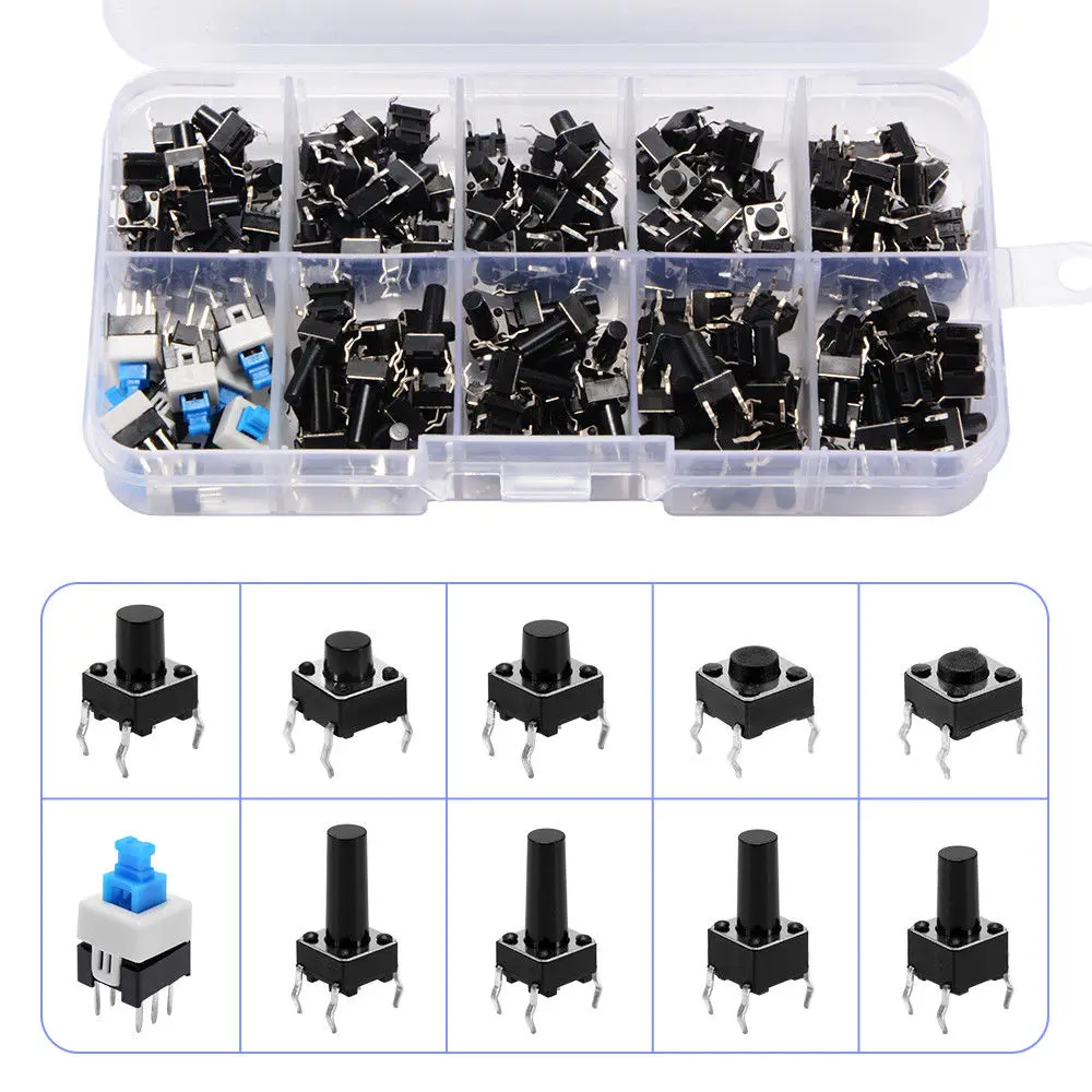 Juego de interruptores táctiles de luz, Kit surtido de interruptores de botón pulsador, accesorios para herramientas de bricolaje, 6x6 teclas de tacto encendido/apagado, 10 tipos, 180 piezas