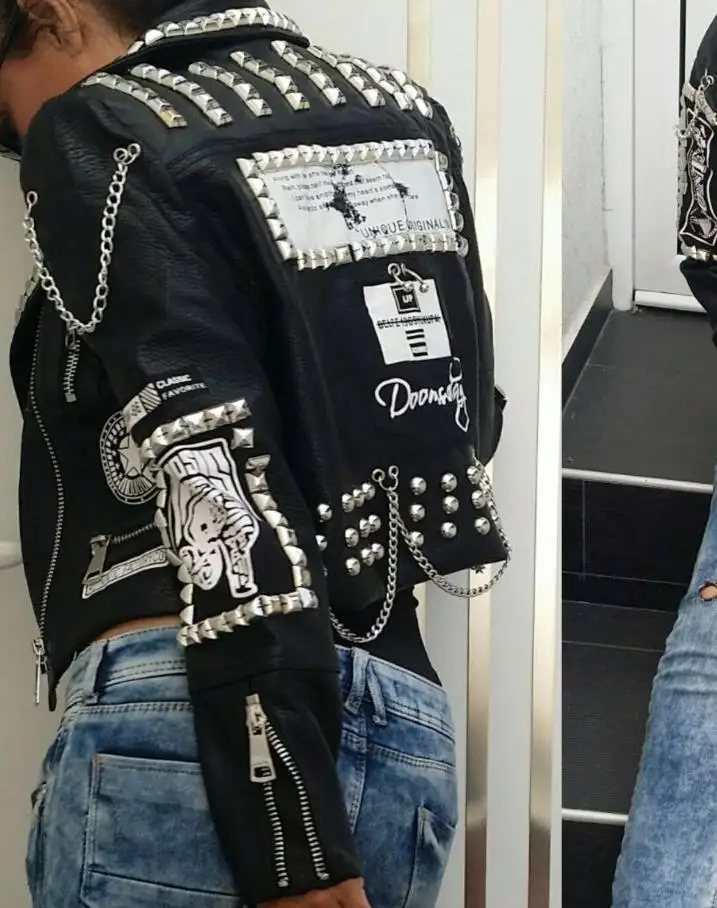 3D Graffiti soft pu leather jackets female cartoon Leather Jacket rivet beading Punk Rock Cropped leather Outerwear F2217