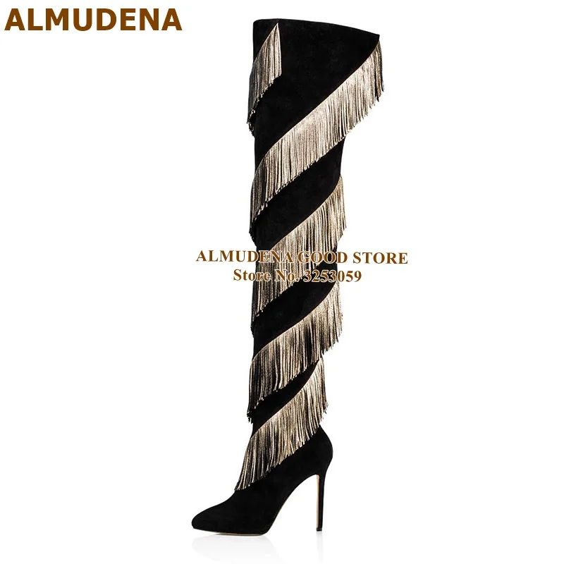 ALMUDENA Black Suede Gold Fringe Thigh High Boots Stiletto Heels Golden Tassel Over Knee Boots Plus Size46 Gladiator Dress Boots