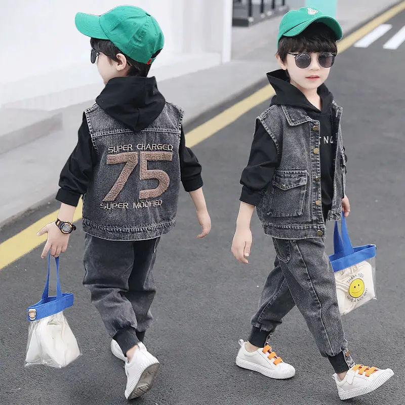 Children\'s clothing boy suit 2024 new children\'s autumn and winter clothing 2-piece set boy fashion denim suit vest + pants