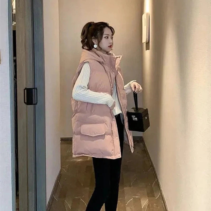 

Women's Winter Cotton Vests Jacket Hooded Loose Mid-Length Warm Sleeveless Outwear Clothing Thicken Casual Large-Size Waistcoat