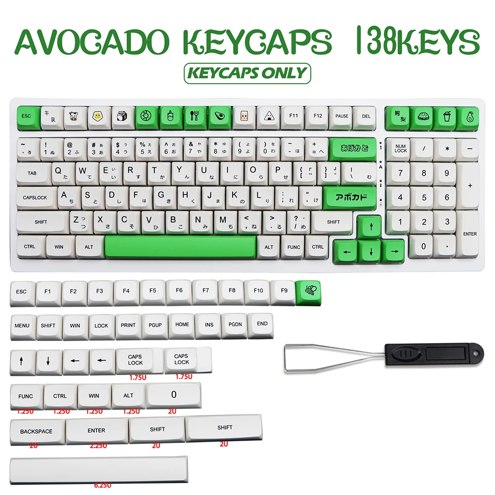 Teclas de aguacate, 138 teclas, XDA, perfil de tinte, sublimación, PBT, Kaycap, para teclado mecánico MX Switch 104/87/74/68/61 60