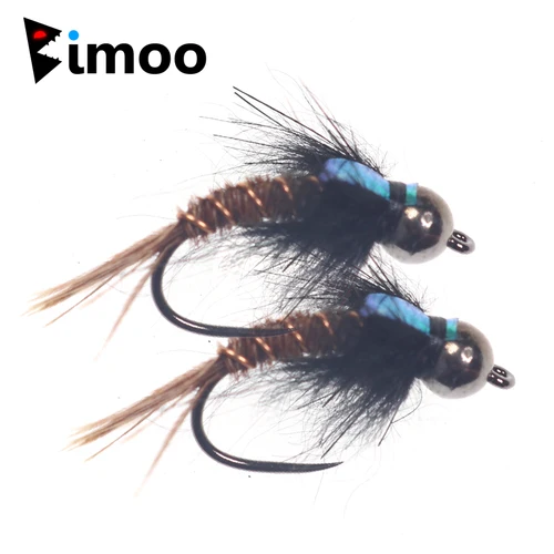 Bimoo 6PCS # 8 # 10 # 12 cabeza de cuentas de hundimiento rápido sin púas Flash trasero cola de faisán pesca de ninfa húmeda mosca trucha Panfish señuelo cebo