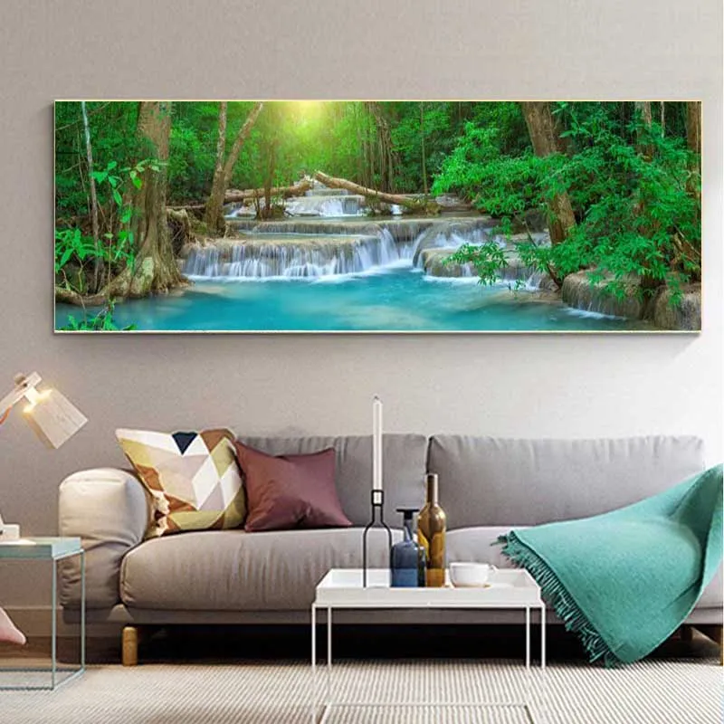 Landscape Natural Waterfall Canvas Painting Green Tree Lake Leaf Posters and Prints Wall Picture Living Room Home Decor No Frame