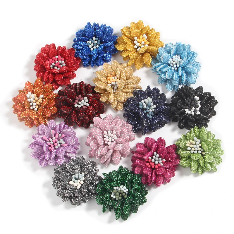 

200Pcs 1.4" Hair Flower Glitter Hair Accessories for Baby Girls Headbands Fabric Flowers Boutique For DIY Supplies