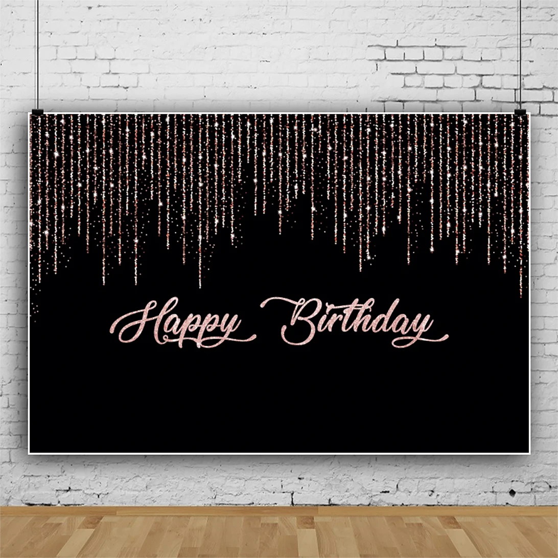 Laeacco Black Backdrop For Photography Pink Shiny Tassels Happy Birthday Party Customized Poster Photo Background Photostudio