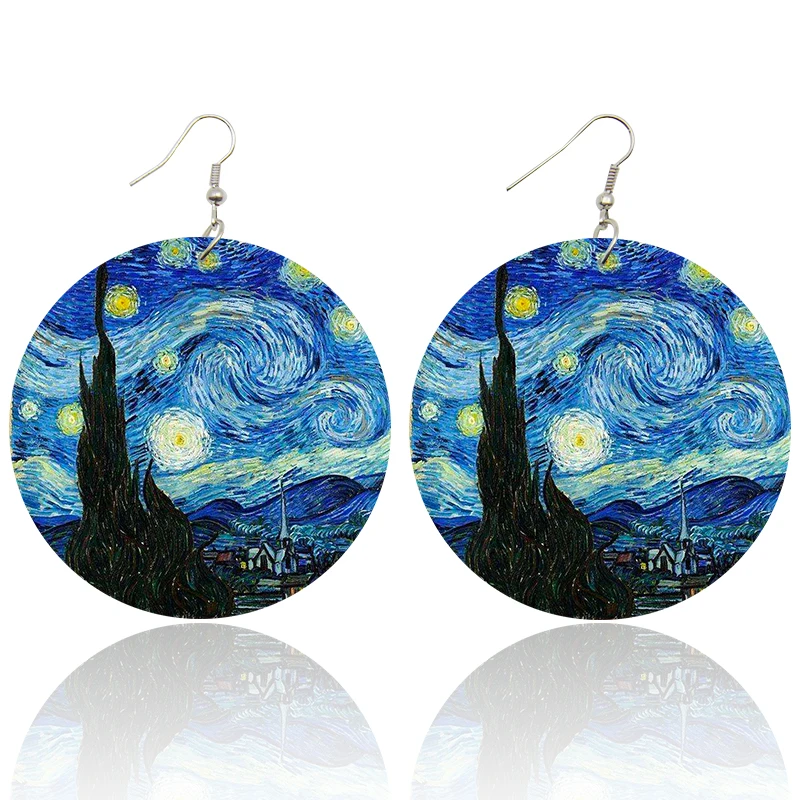 Voikukka Jewelry Van Gogh Paintings Self  Portrait Pattern Wooden Both Sides Print Pendant Drop Women Earrings For Gifts