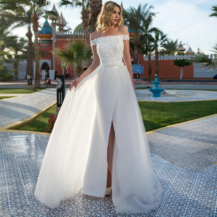 Vestido de casamento estilo sereia, ombro de fora, saia de tule destacável, sensual, apliques de miçangas, gola em barco, fenda, vestido de casamento, 2020