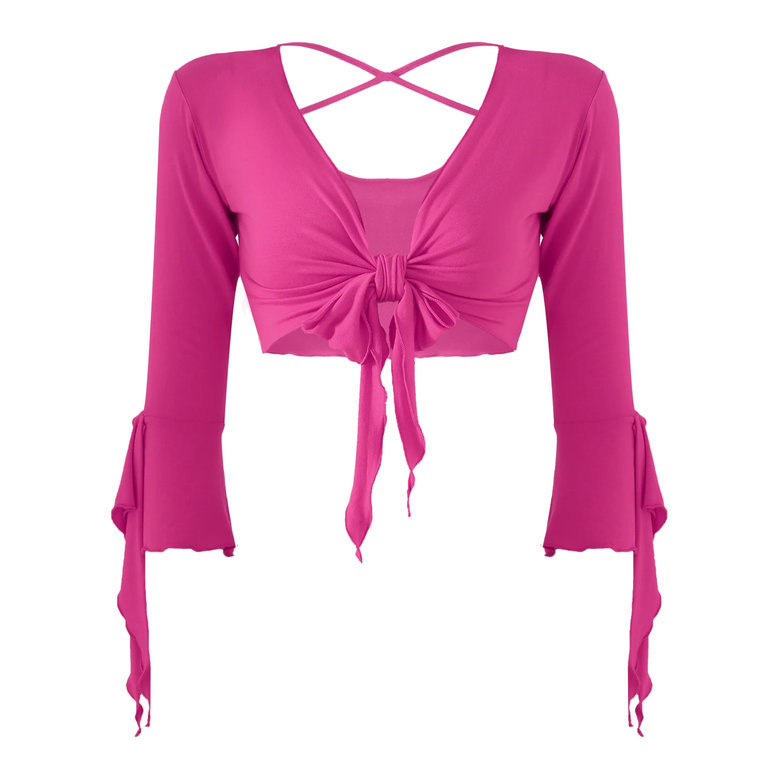 Top da donna per danza del ventre scialle in Chiffon Bolero Shrug Tie Cardigan anteriore 3/4 manica con lacci Crop Top Dancewear