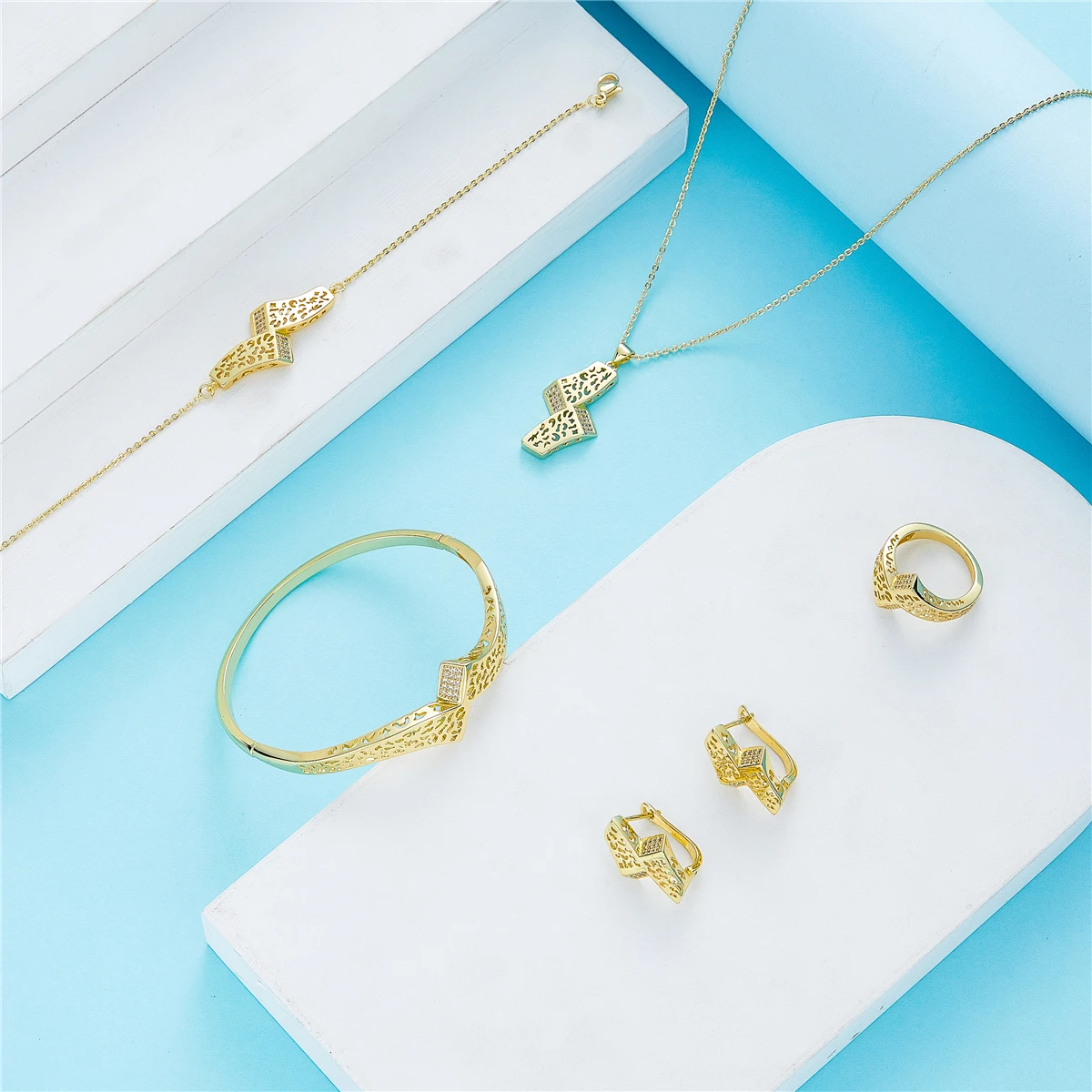 June Jewelry set gold color necklace earrings Ring for women brida jewelry set Morocco gold color jewelry set