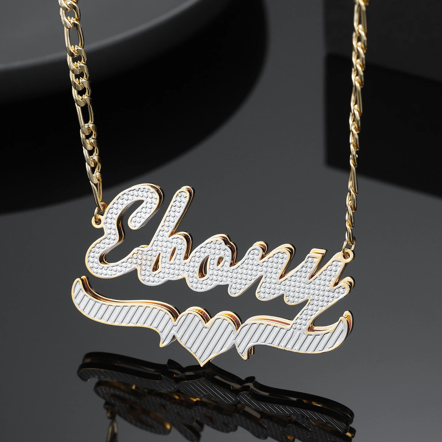 Double Layer Two Tone With  Heart Personalized Custom 18K Gold Plated Name Necklace Nameplate 3D Pendant For Women Jewelry Gift