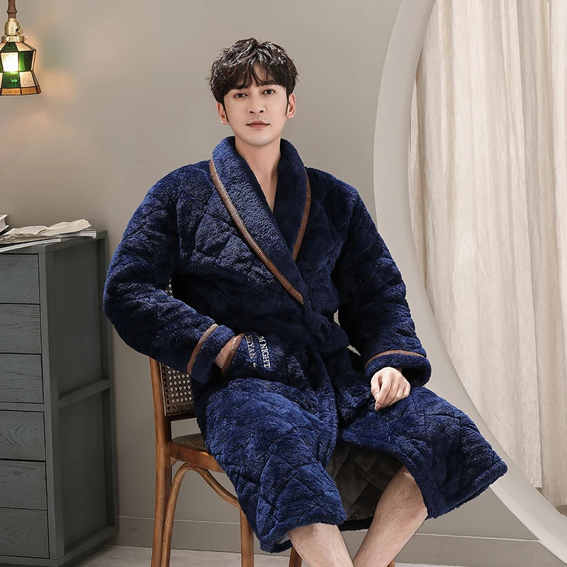 Winter 3 Layers Coral Fleece Bath Robe Men Bathroom Robe Men Bathrobe Men Quilted Pajamas Thick Long Spa Robe Shower Homewear