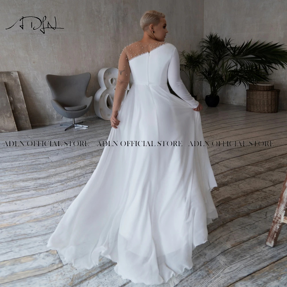 Sexy Sheer Hals Lange Mouwen Plus Size Wedding Gown Chiffon Beach Bruid Jurk Vestido De Novia Side Slit Boho Bridal gown 2021