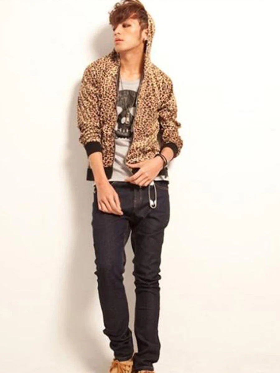 S-4XL Korean tide male autumn and winter clothing plus size leopard hooded  coat long sleeve new singer stage costume