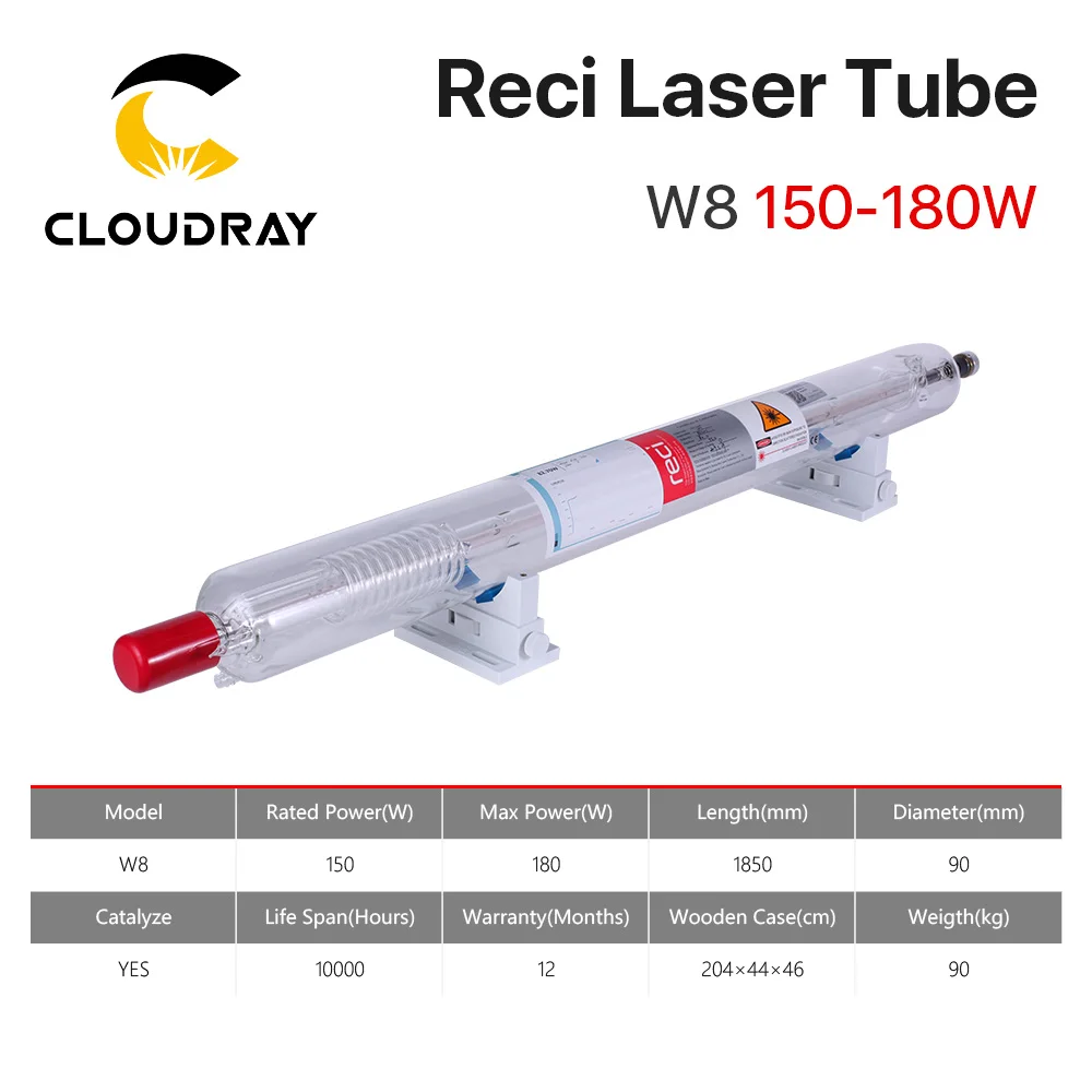 Cloudray Reci W8 150W CO2 Laser Tube Wooden Case Box Packing Length 1850 Dia. 90mm for CO2 Laser Engraving Cutting Machine S8 Z8