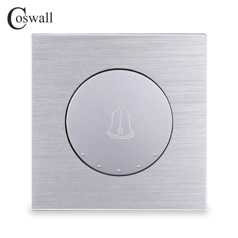 Coswall 1 Gang Doorbell Switch Push Button Wall Switch Knight Black / Silver Grey Aluminum Brushed Metal Panel R12 Series