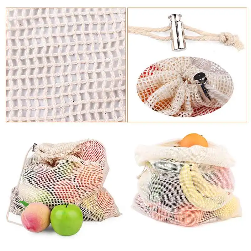 Reusable Cotton Vegetable Bags Wholesale Home Kitchen Fruit Vegetable Storage Mesh Bags With Drawstring Machine Washable