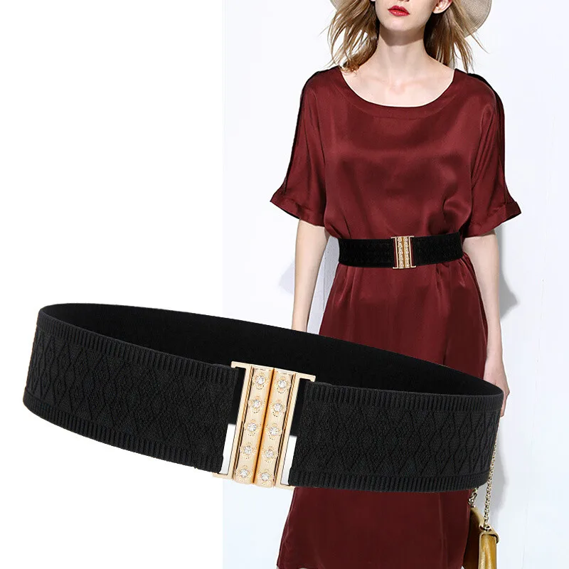 

H3302 Black 5cm Elastic Wide Belt Women Korean Fashion Diamond Decoration Metal Buckle White Waist Seal Female Simple Waistband