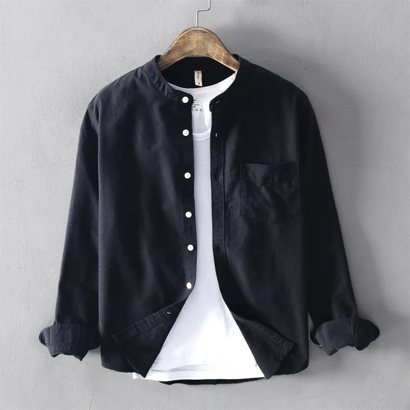 Solid Mandarin 100% Cotton Shirt Men Long Sleeve Turn Down Collar Fashion Cotton Men's Dress Shirts Camisas Para Hombre TS-697