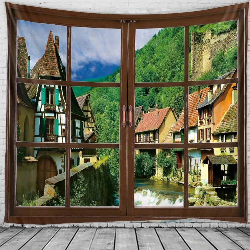 3D Window Scenery Decoration Tapestry Hippie Wall Bohemian Style Decoration Tapestry Bedroom Dormitory Wall Tapestry