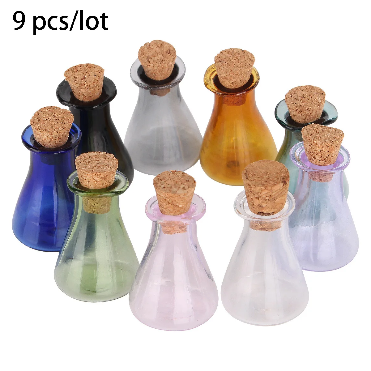 9 pieces/lot Mini Colored Glass Bottles with Cork Miniature Vials Tiny Flask Small Containers for Wedding Favors