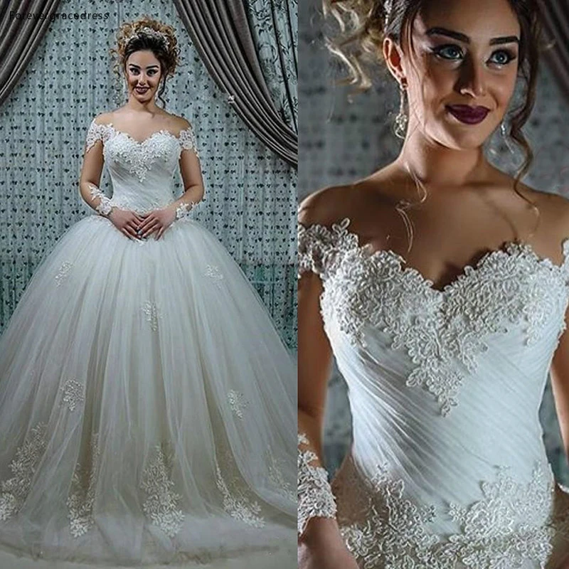 Sheer Long Sleeves Wedding Dress Ball Gown Winter Lace Applique Bridal Gown Plus Size Custom Made Vestido De noiva