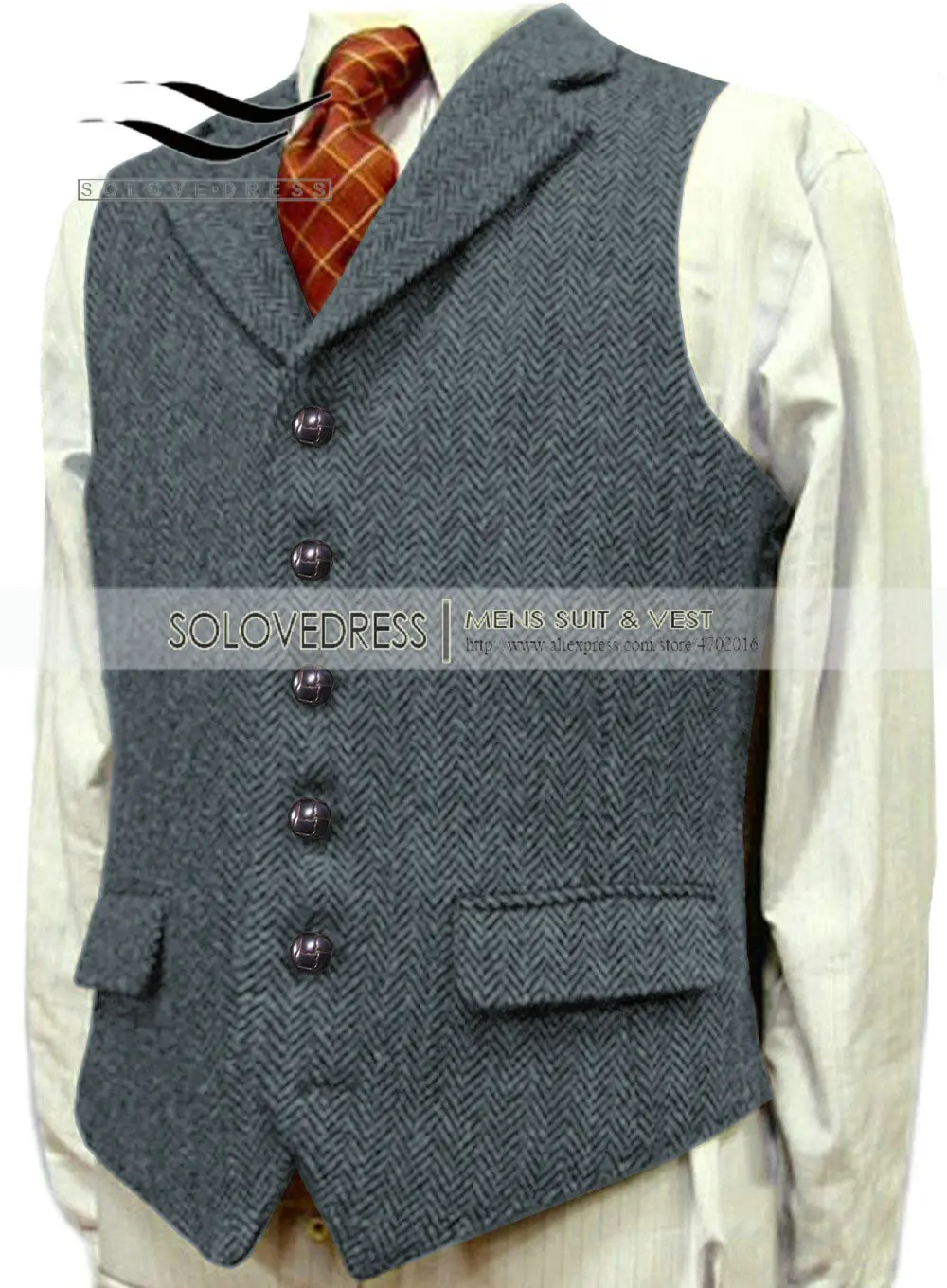 Men\'s Wool Tweed Slim Fit Leisure Cotton Burgundy Vest Gentleman Herringbone Business Brown Waistcoat Blazer For Wedding Groom