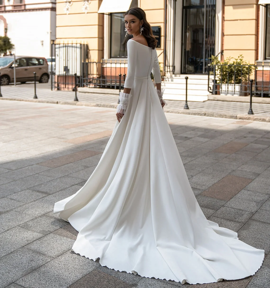 Vestido de novia de satén plisado sin tirantes, manga larga, elegante, con hombros descubiertos, línea A, para boda, n. ° 11506