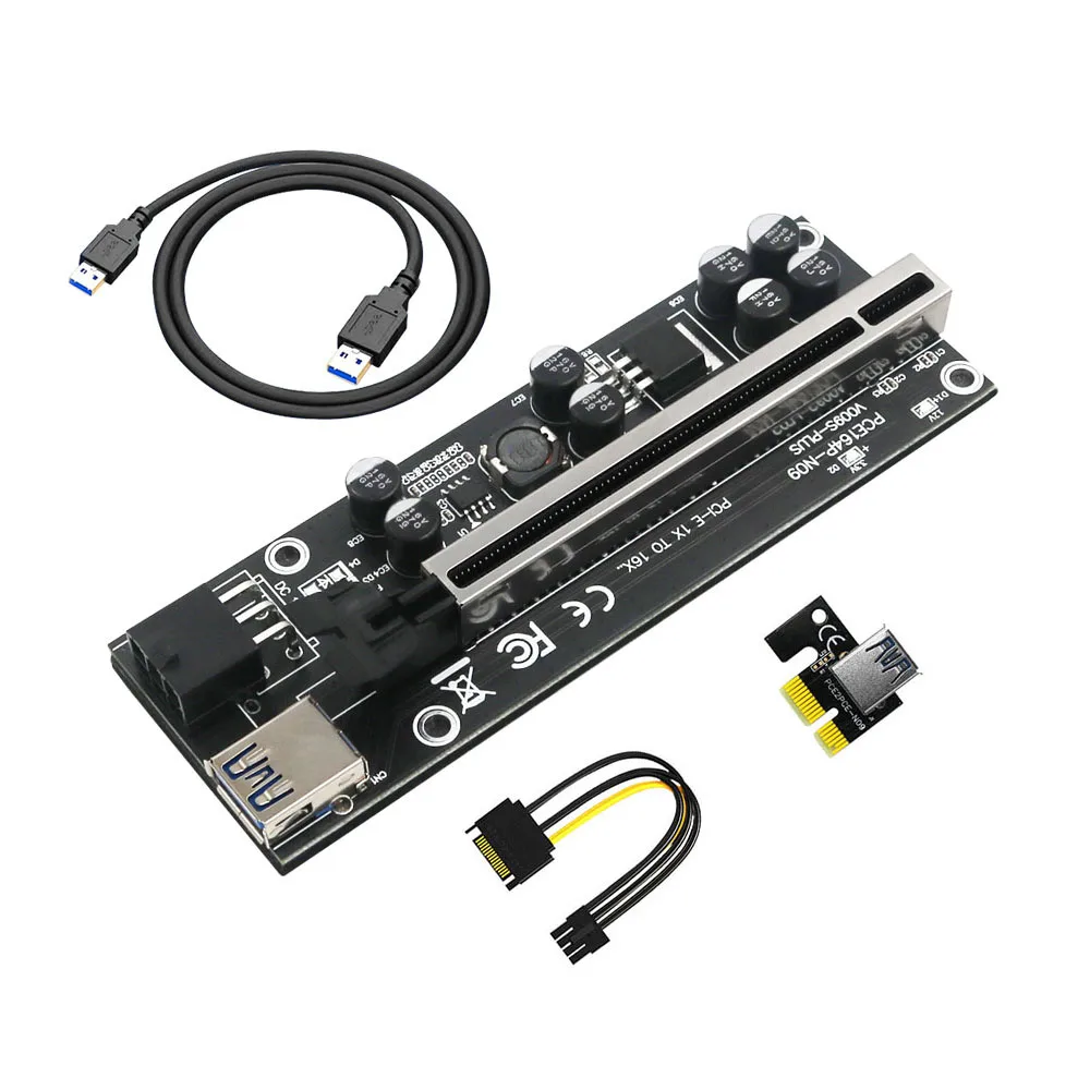مهايئ بطاقة مهايئ من PCIE Riser 009S Plus USB3.0 Riser لبطاقات الفيديو طراز PCI Express x16 بطاقة مهايئ من SATA من 15 إلى 6 سنون طاقة للتعدين