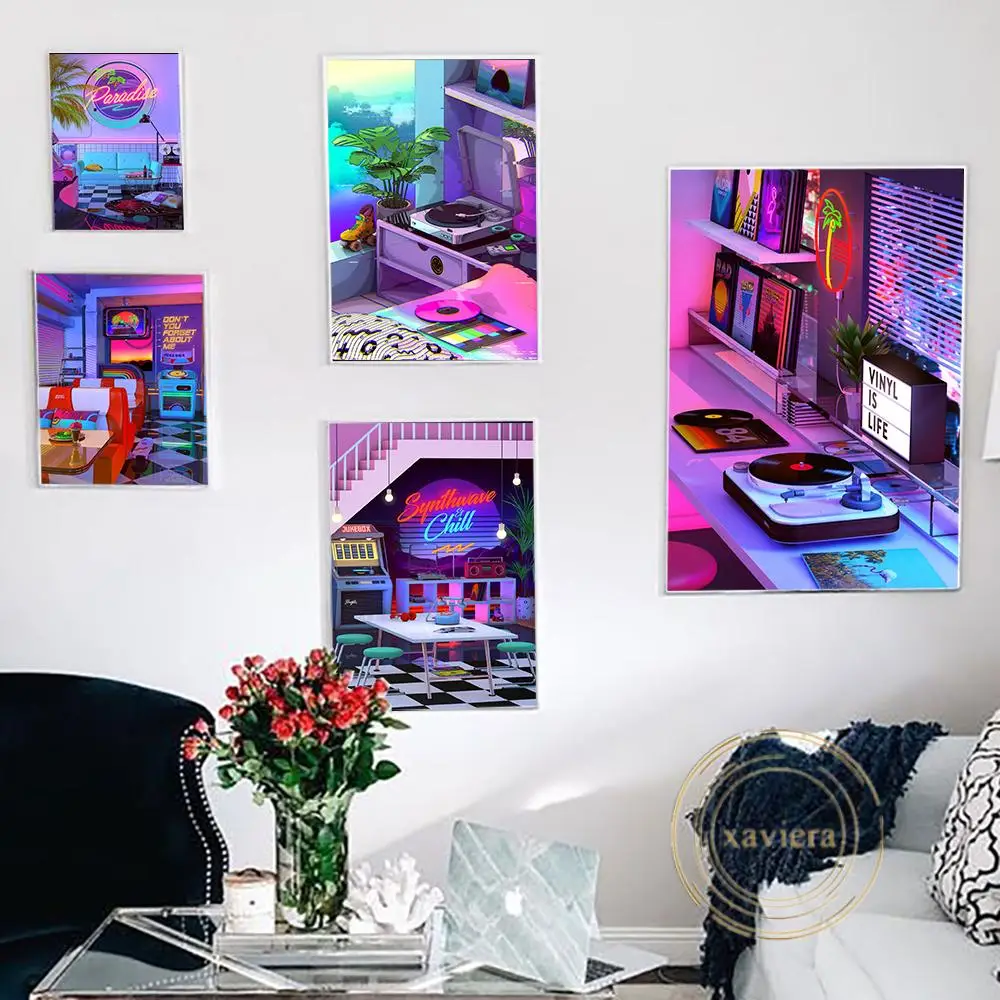 Retro Fashion Poster Neon Dj Racing Cocktail Canvas Painting Street Scenery Fantasy Landscape Wall Art Picture Home Decoration