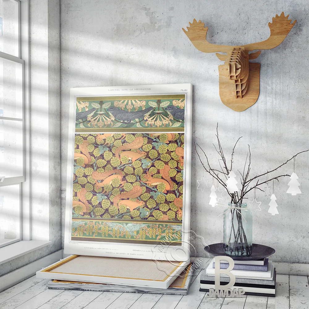 Vintage Animal Art Nouveau Poster, Maurice Pillard Verneuil Peacock Art Print,  Squirrel Leafs Scene Wall Stickers Home Decor