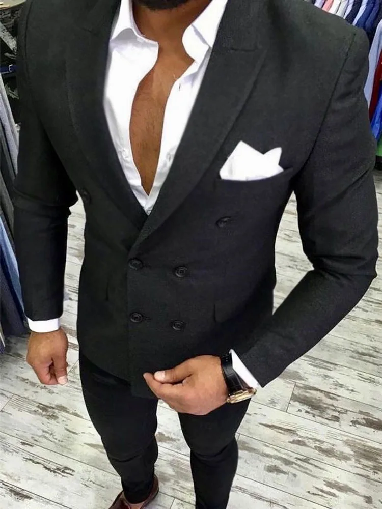 

ANNIEBRITNEY Double Breasted Black 2 Piece Slim Men Formal Suit 2020 Groom Wedding Tuxedo Custom Prom Wedding Business Men Suit