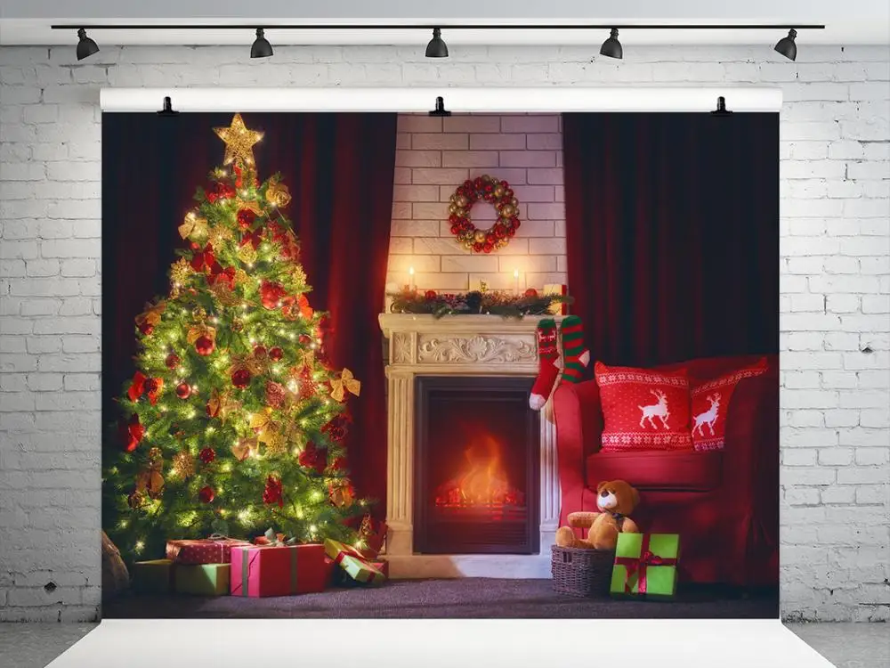 

VinylBDS 10x10ft Indoor Christmas Photography Backgrounds Photography Christmas Decorations For Home Backdrops Fireplace