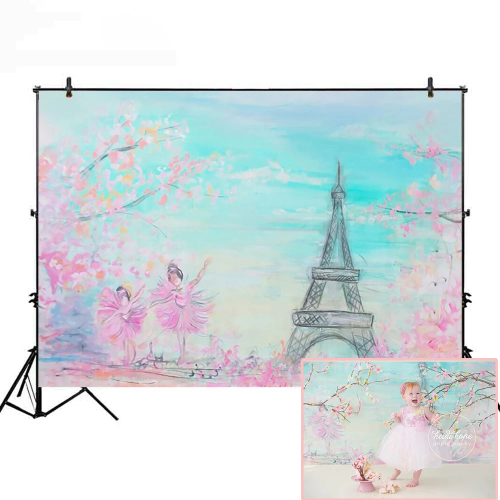  Photography Backdrop Eiffel Tower Newborn Baby Background for Photo Studio Cherry blossoms Scenery Background for Photo