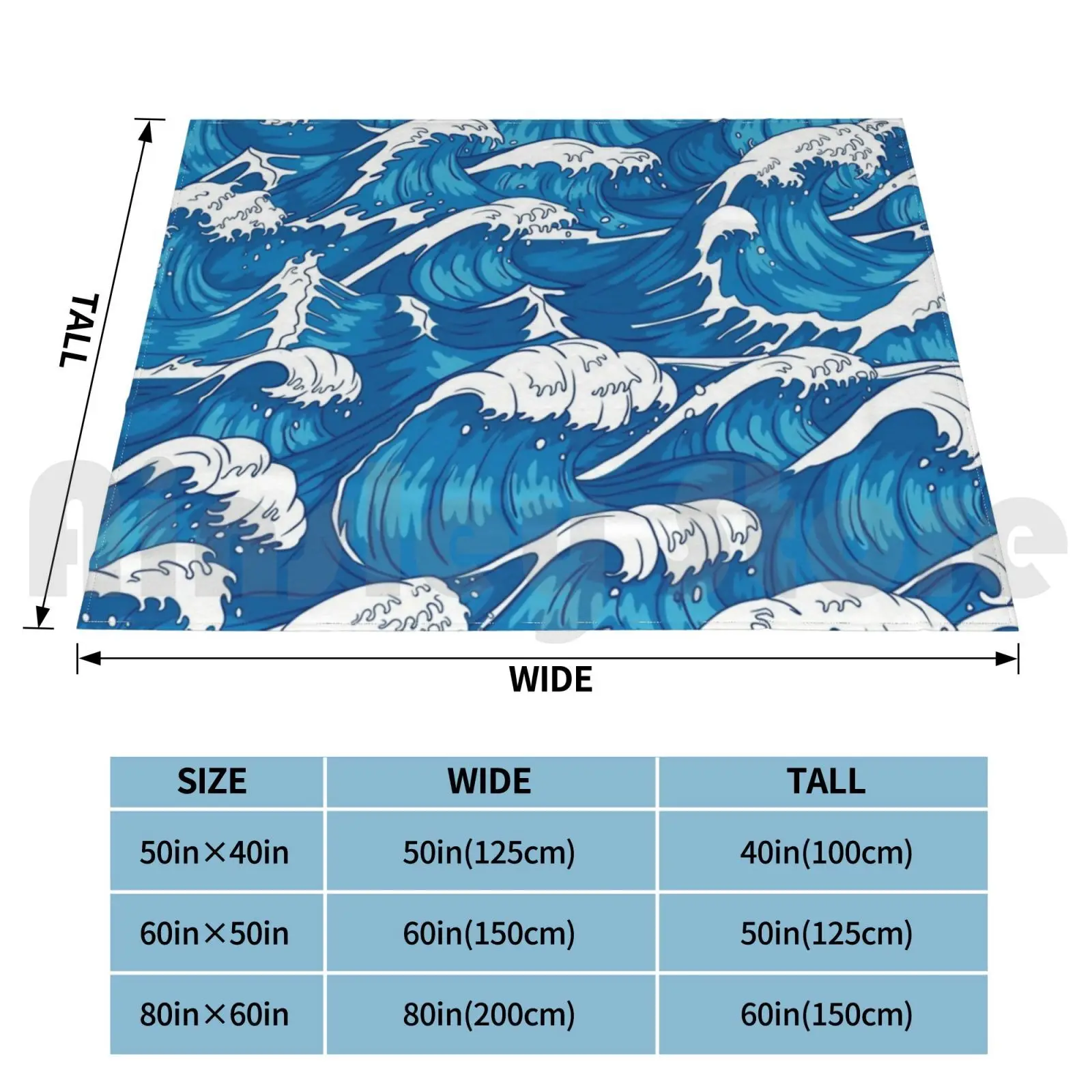 Koc z motywem fal błękitnego oceanu na sofę, łóżko, podróże, błękitny ocean, fale błękitnego oceanu, kolor, kolorowe fale, faliste, fale