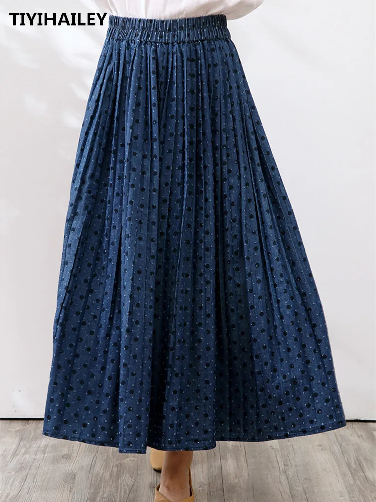 TIYIHAILEY Free Shipping 2022 Long Maxi A-line Skirts Women Elastic Waist Spring And Summer Denim Jeans Dot Skirt Lady Skirts