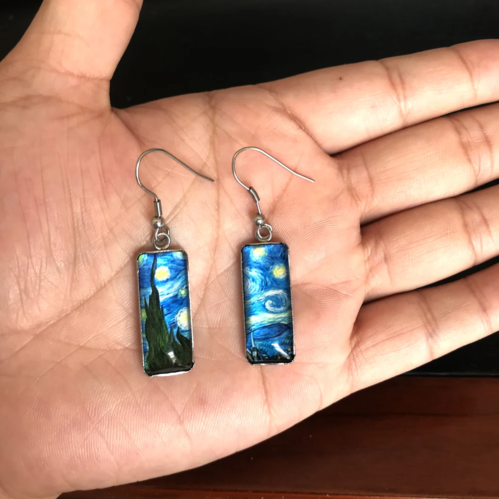 2019 New Branches Of An Almond Tree In Blossom Fish Hook Earring Van Gogh Art Paintings Rectangular Earrings Glass Jewelry