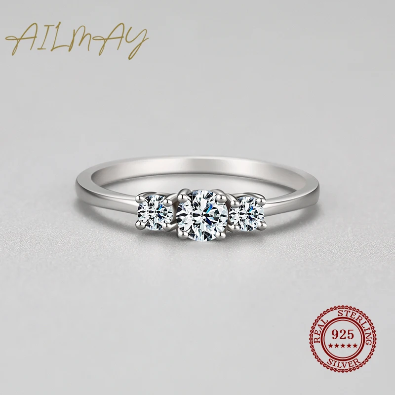 Ailmay Real 925 Sterling Silver Sparkling AAAAA Zircon Stackable Rings For Women Classic Romantic Wedding Statement Jewelry