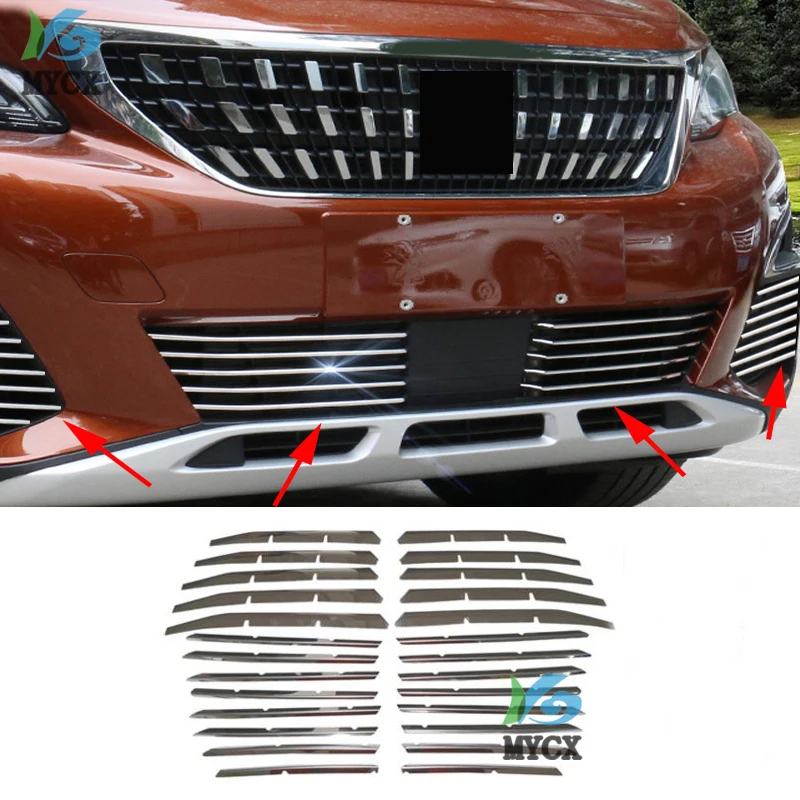 

26pcs Stainless Steel Front Bottom Grille Grill+Front Fog Light Lamp Cover Decoration Trim For PEUGEOT 3008 GT 2016 2017 2018 19