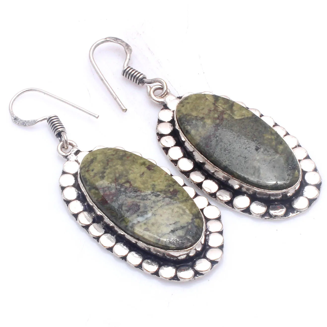 Genuine Dragon Stone  Silver Overlay on Copper Earrings ,Hand made Women Jewelry Gift , 54  mm,  E5785