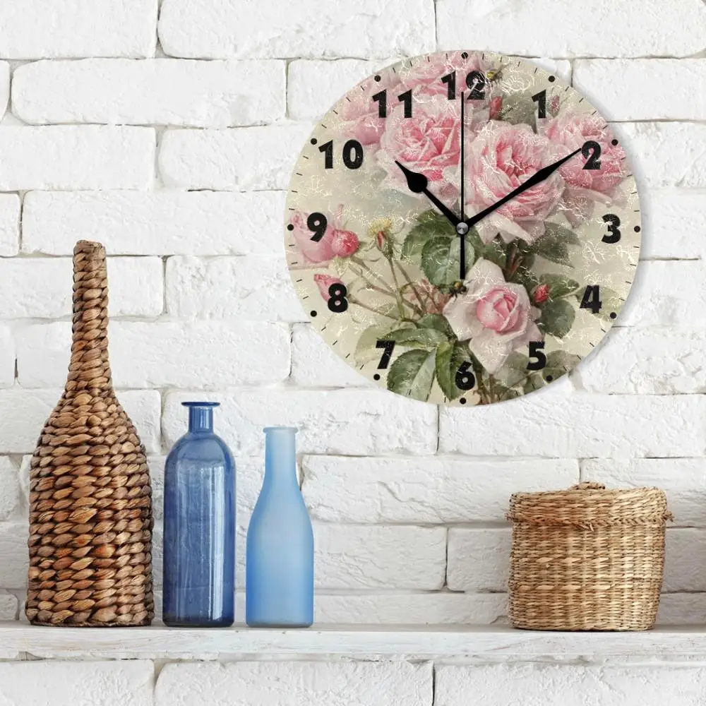 Vintage Shabby Floral Printed Silent Wall Clock Round 25cm Kitchen Clock Chic Pink Rose Flower Quiet Desk Clock For Living Room
