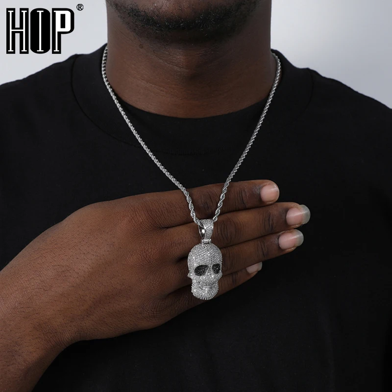 

Hip Hop Iced Out Bling Cubic Zirconia Skull Baguette Necklaces & Pendants For Men Women Rapper Jewelry With Solid Back