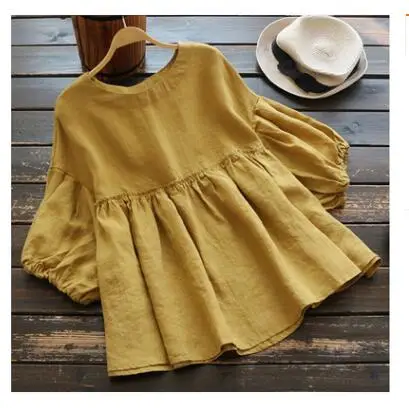 1pcs/lot Fashion Ruffle Blouse Summer Women Vintage Casual Linen Tops Female Lantern Sleeve female solid top