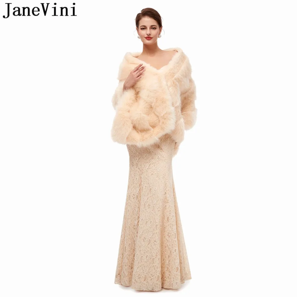 JaneVini Mùa Đông 2021 Lông Thú Giả Khăn Choàng Cưới Bolero Áo Khoác Nữ Champagne Nữ Form Áo Choàng Len Stoles Stola Elegante Donna