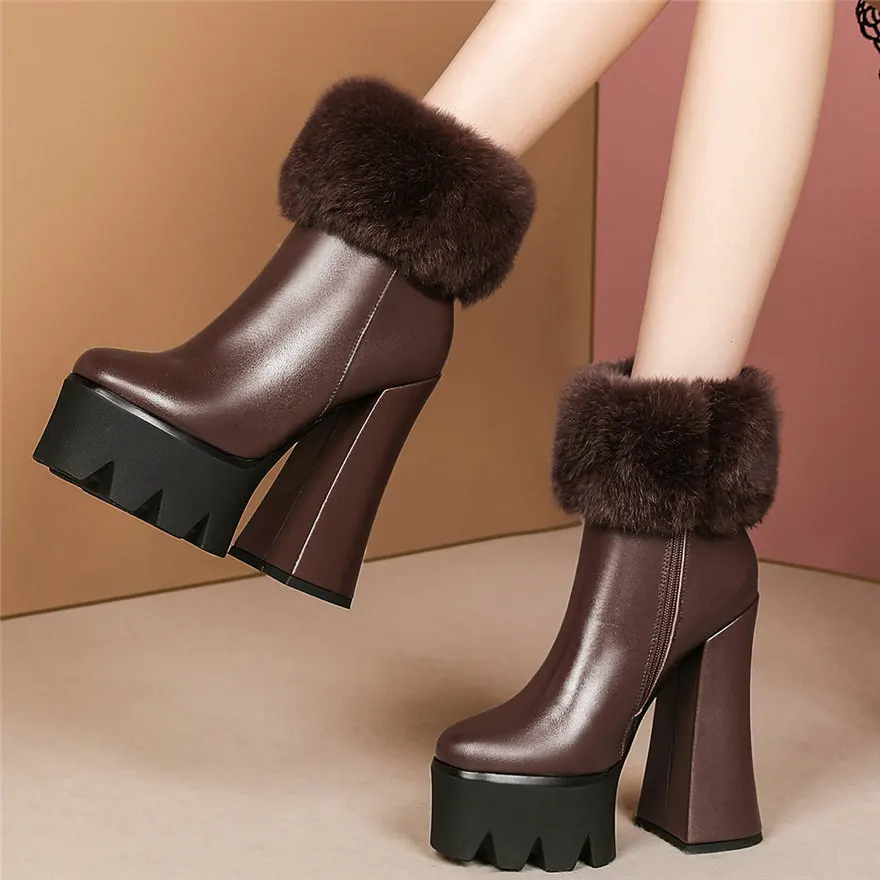 Winter Chunky Platform Shoes Women Genuine Leather High Heel Snow Boots Female High Top Round Toe Warm Rabbit Fur Pumps Shoes