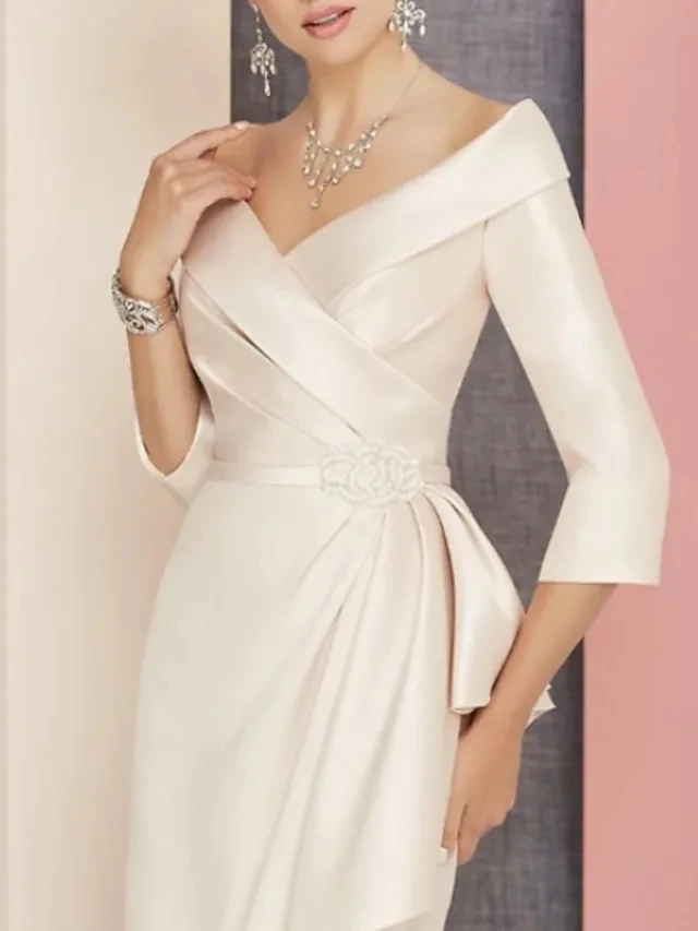 Vestido De satén para madre De la novia, prenda elegante De talla grande con cuello De pico, longitud hasta la rodilla, manga 3/4, para fiesta nupcial