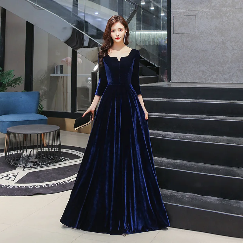 

Sexy Square Collar Back Zipper Velour Evening Dress Long Sleeve Formal Gowns Robe De Soiree Cheongsam Vestidos Size XS-3XL